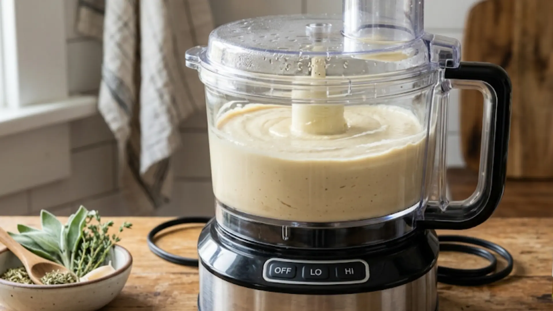 smooth white bean hummus being blended inside a clear food processor on a wooden kitchen counter next to fresh herbs