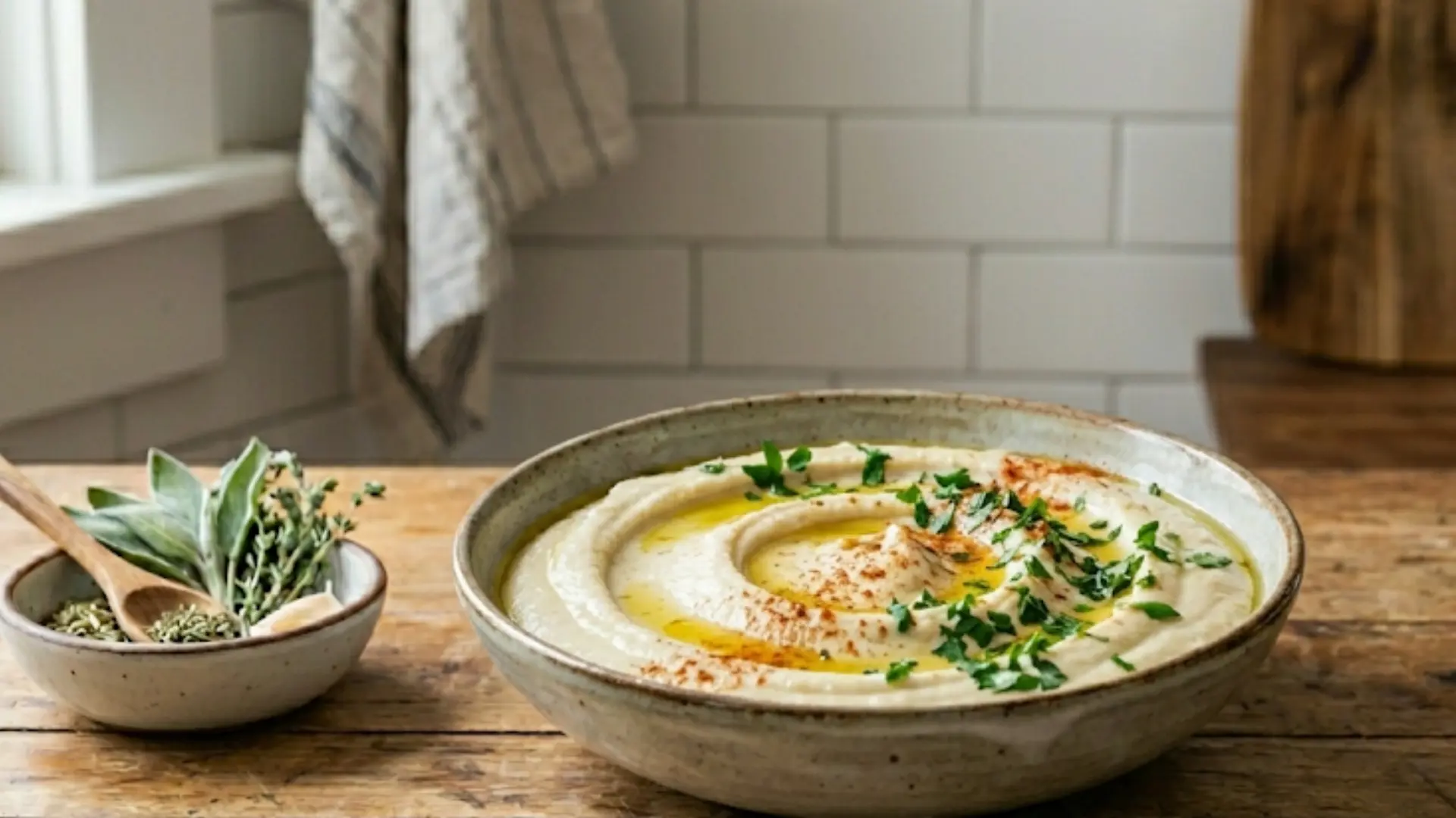 smooth white bean hummus swirled with olive oil, paprika, and fresh parsley in a bowl on a wooden kitchen counter