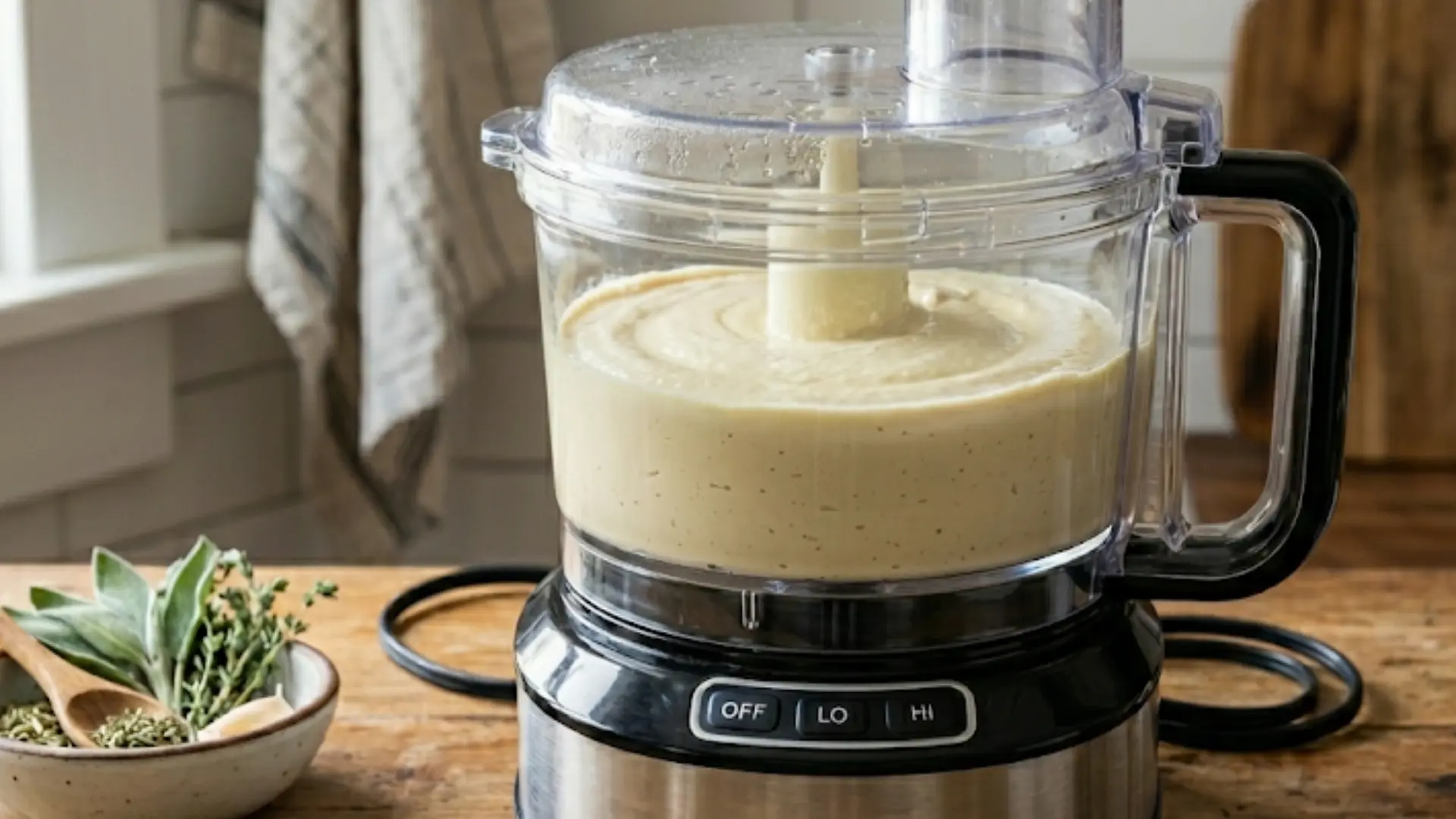 smooth white bean hummus swirling in a food processor on a wooden counter with a bowl of fresh herbs nearby