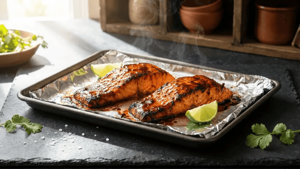 spicy sriracha lime salmon on a baking sheet with lime wedges and cilantro garnish