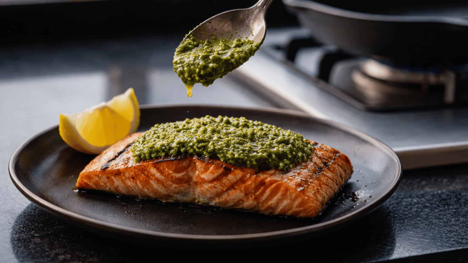 spoon drizzling fresh walnut pesto over a grilled salmon fillet on a dark plate with lemon wedge
