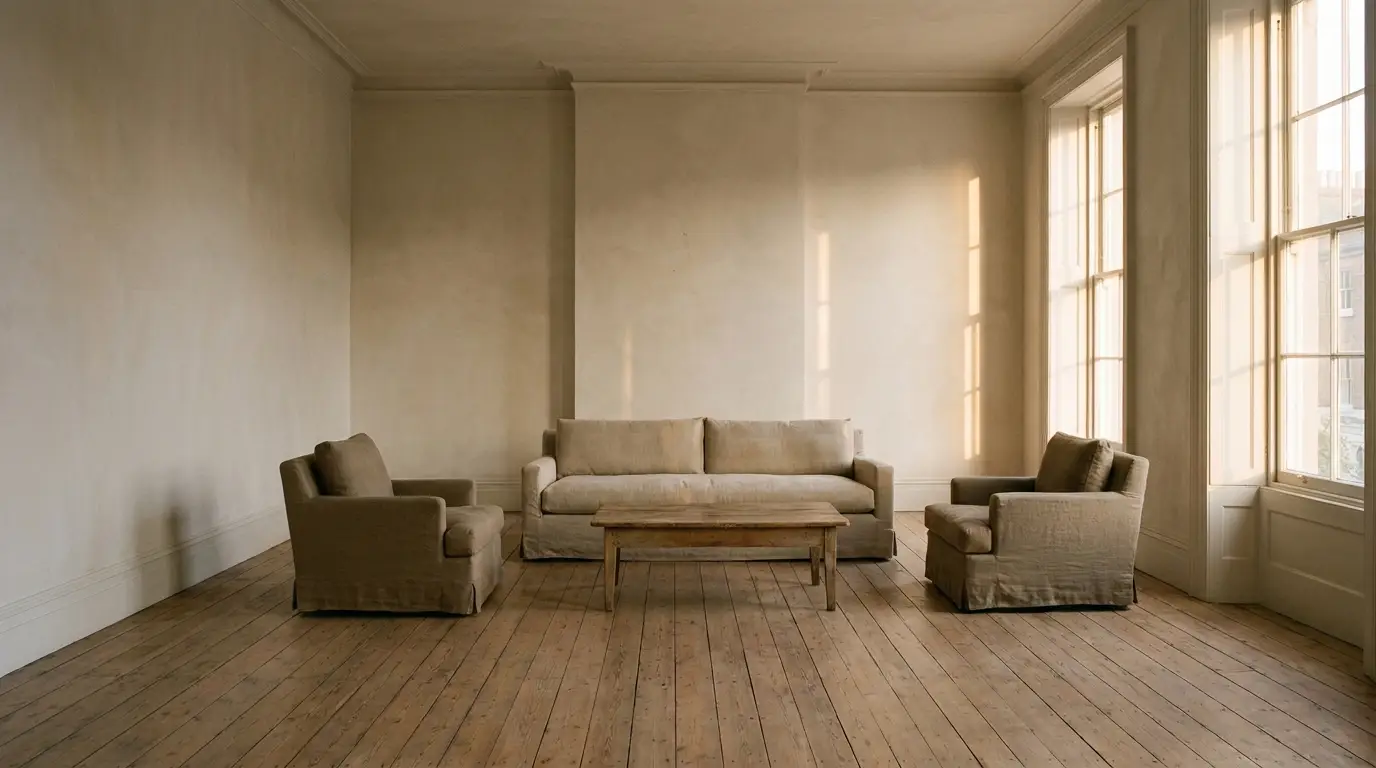 Beige linen sofa set and wooden coffee table in bright, minimalist living room with wooden floors