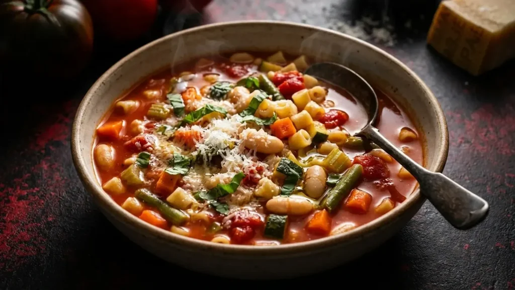 steaming bowl of vegetable minestrone with cannellini beans, pasta, and zucchini topped with fresh basil and parmesan
