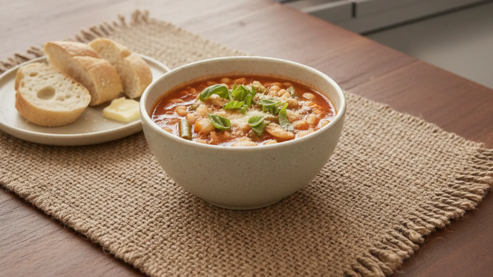 steaming bowl of vegetable minestrone with pasta and white beans topped with fresh basil and grated parmesan cheese