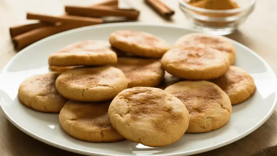 sugar-free cinnamon coconut flour cookies on white plate with cinnamon sticks and sweetener bowl