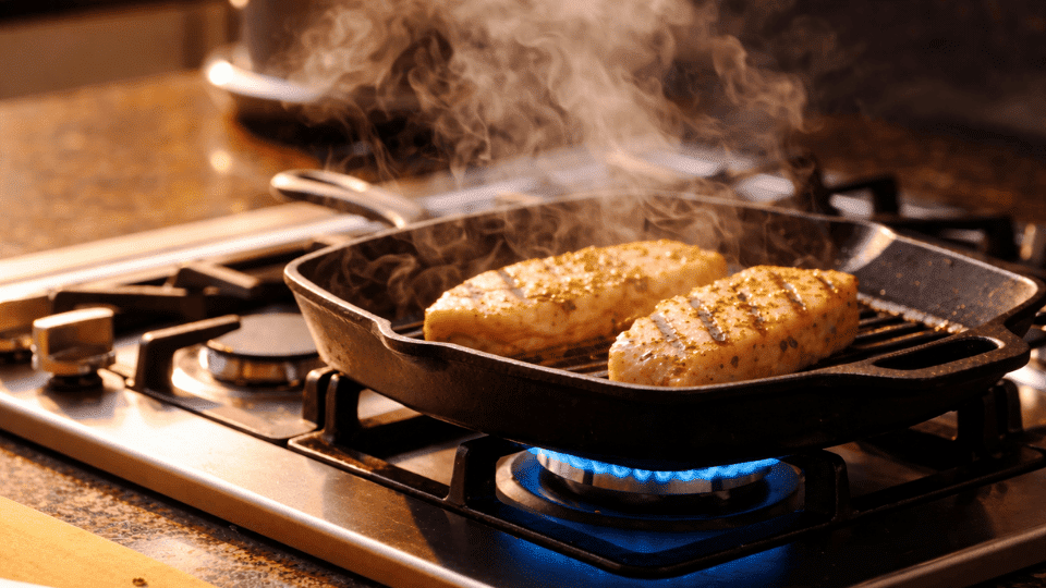 swordfish steaks grilling on a cast iron pan over a blue gas flame with garlic cloves and a knife on the counter