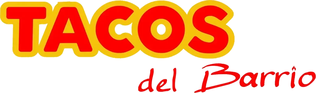Red and yellow stylized text logo with the words "Tacos del Barrio"