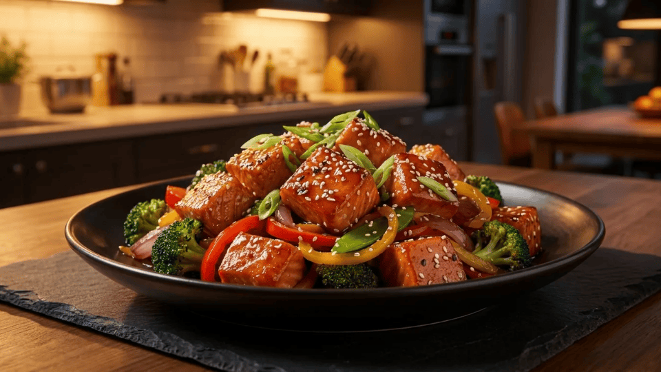 teriyaki glazed salmon stir-fry with mixed vegetables and sesame seeds on a plate