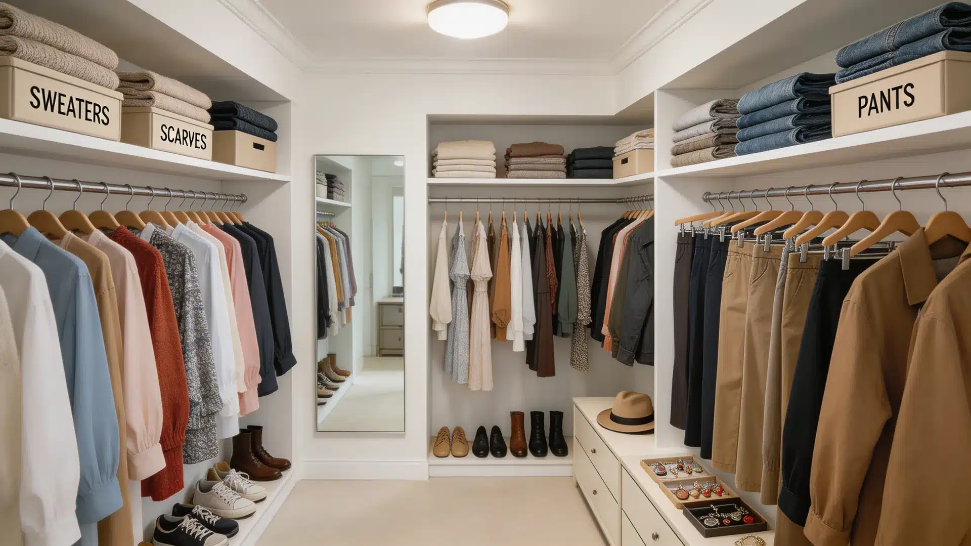 tidy walk-in closet with organized shelves, hanging clothes, shoes, and storage boxes, offering a clean, functional design