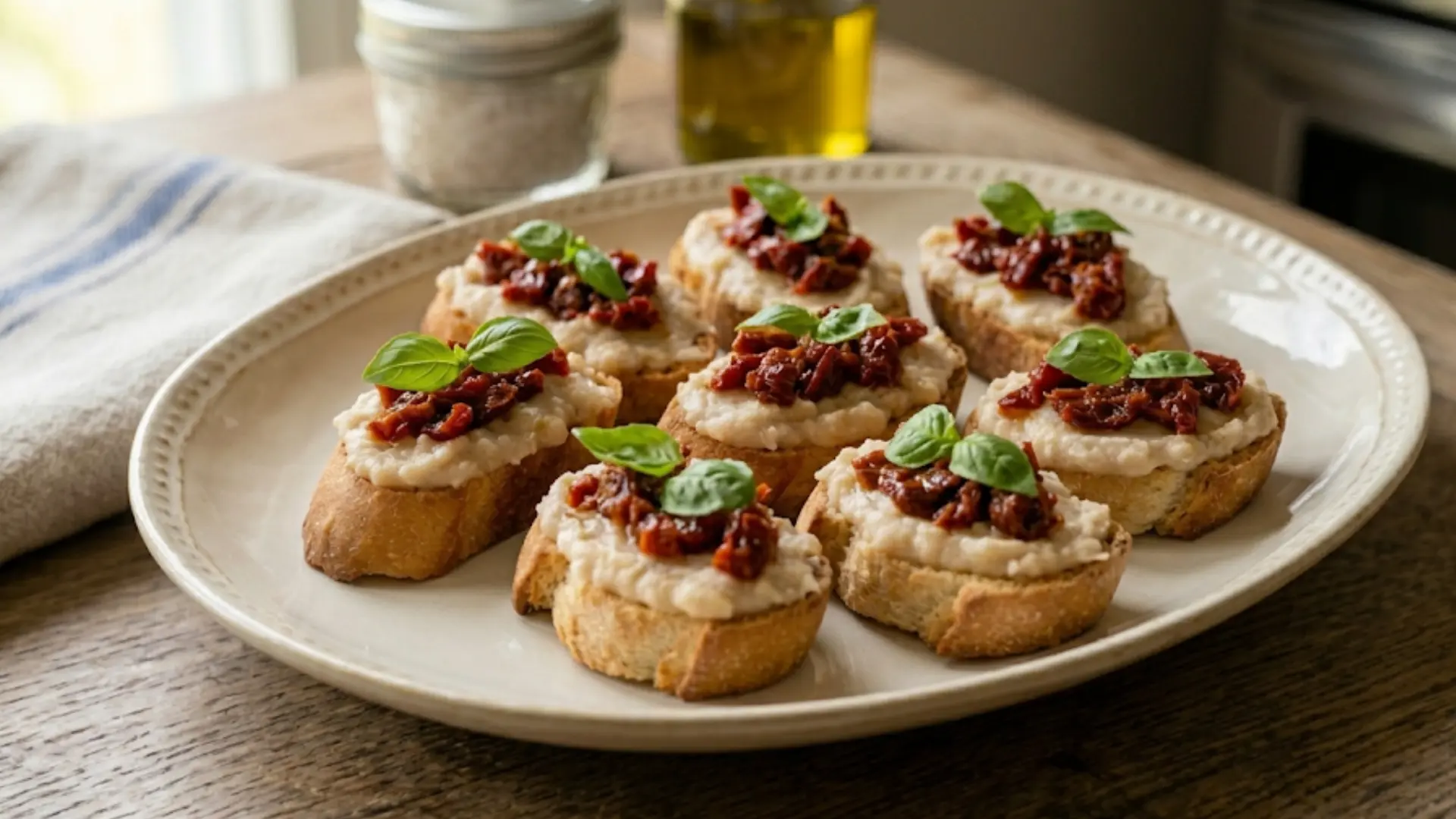 toasted baguette slices topped with mashed white beans, sun-dried tomatoes, and fresh basil leaves on a wooden surface