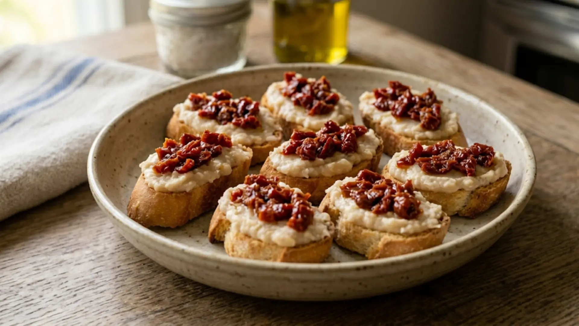 toasted baguette slices topped with mashed white beans and chopped sun-dried tomatoes on a wooden board with fresh herbs