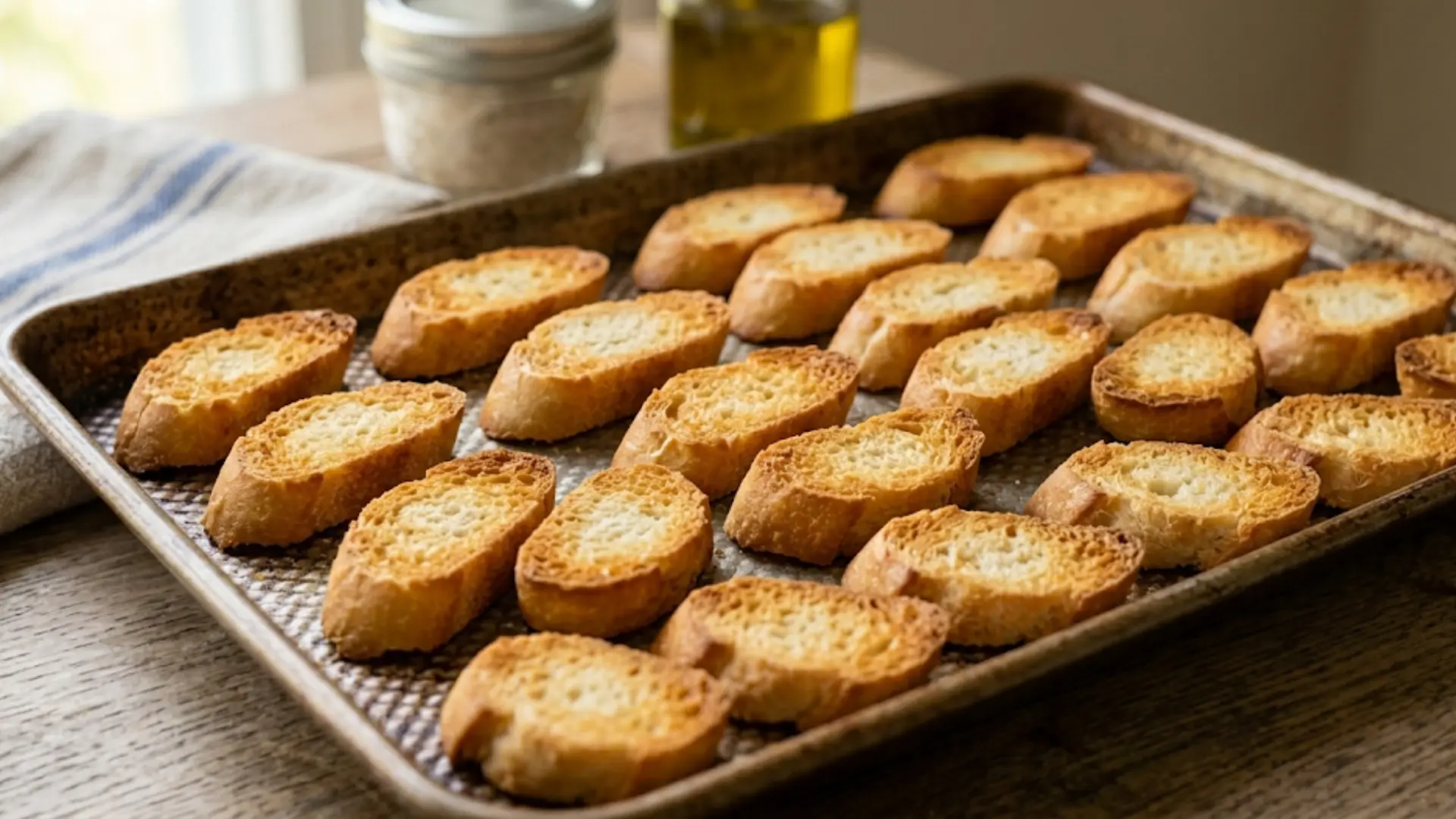 toasted diagonal baguette slices arranged on a wooden board next to a white bowl of mashed cannellini bean topping