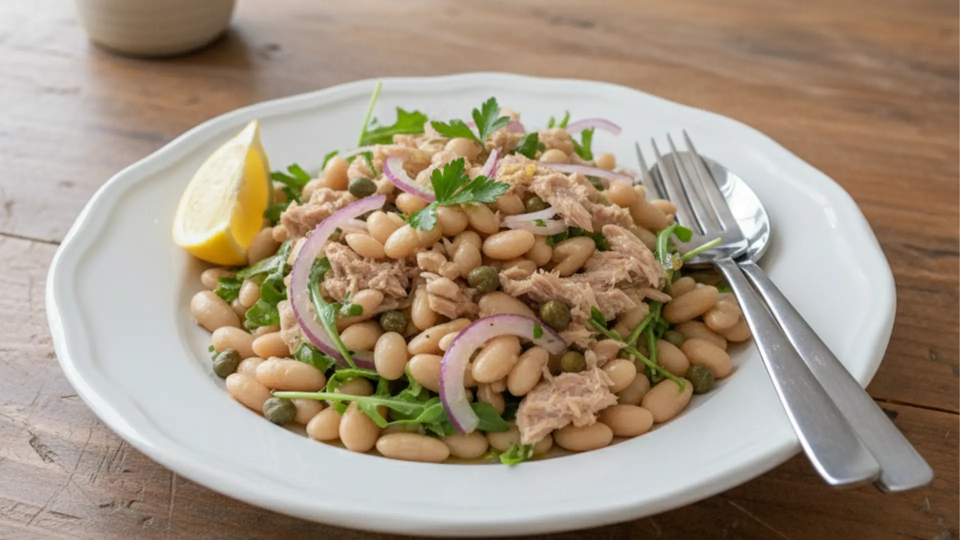 tuna and white bean salad with arugula, red onion, and capers on a white plate with a lemon wedge and silver fork