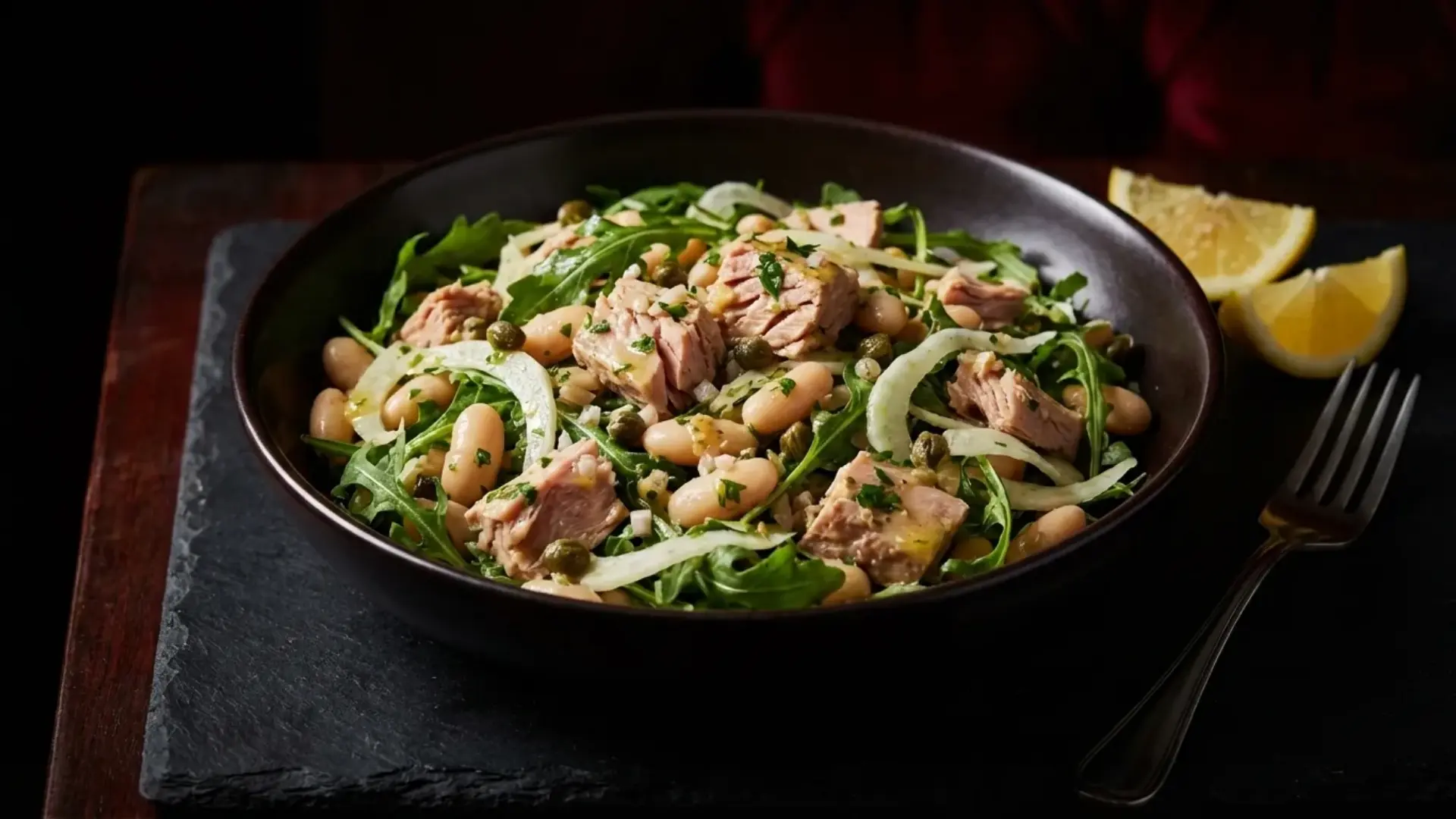 tuna and white bean salad with arugula, shaved fennel, and capers in a dark bowl on a slate board with lemon wedges