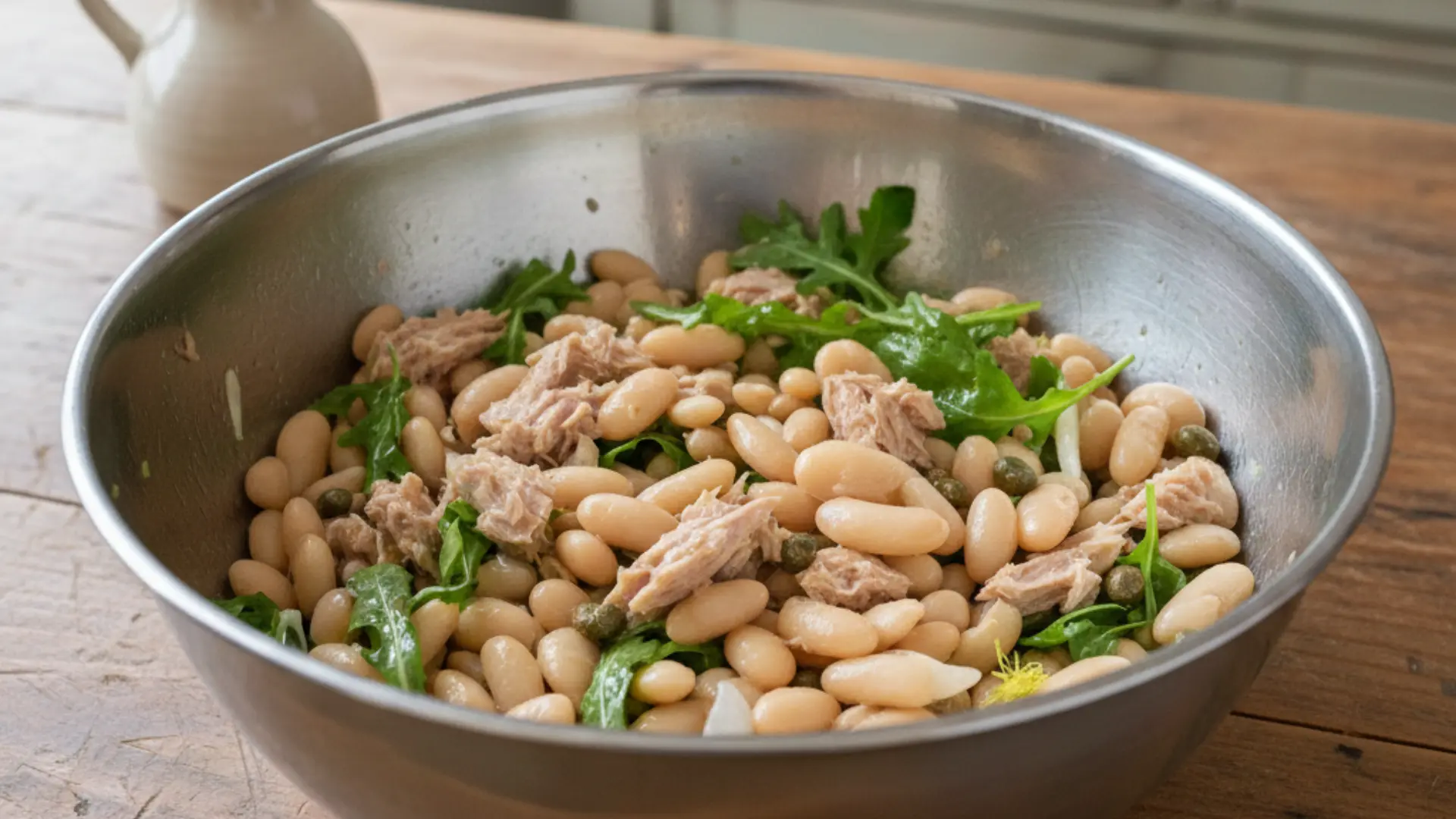 tuna, cannellini beans, arugula, and capers being tossed together in a large stainless steel bowl on a wooden surface