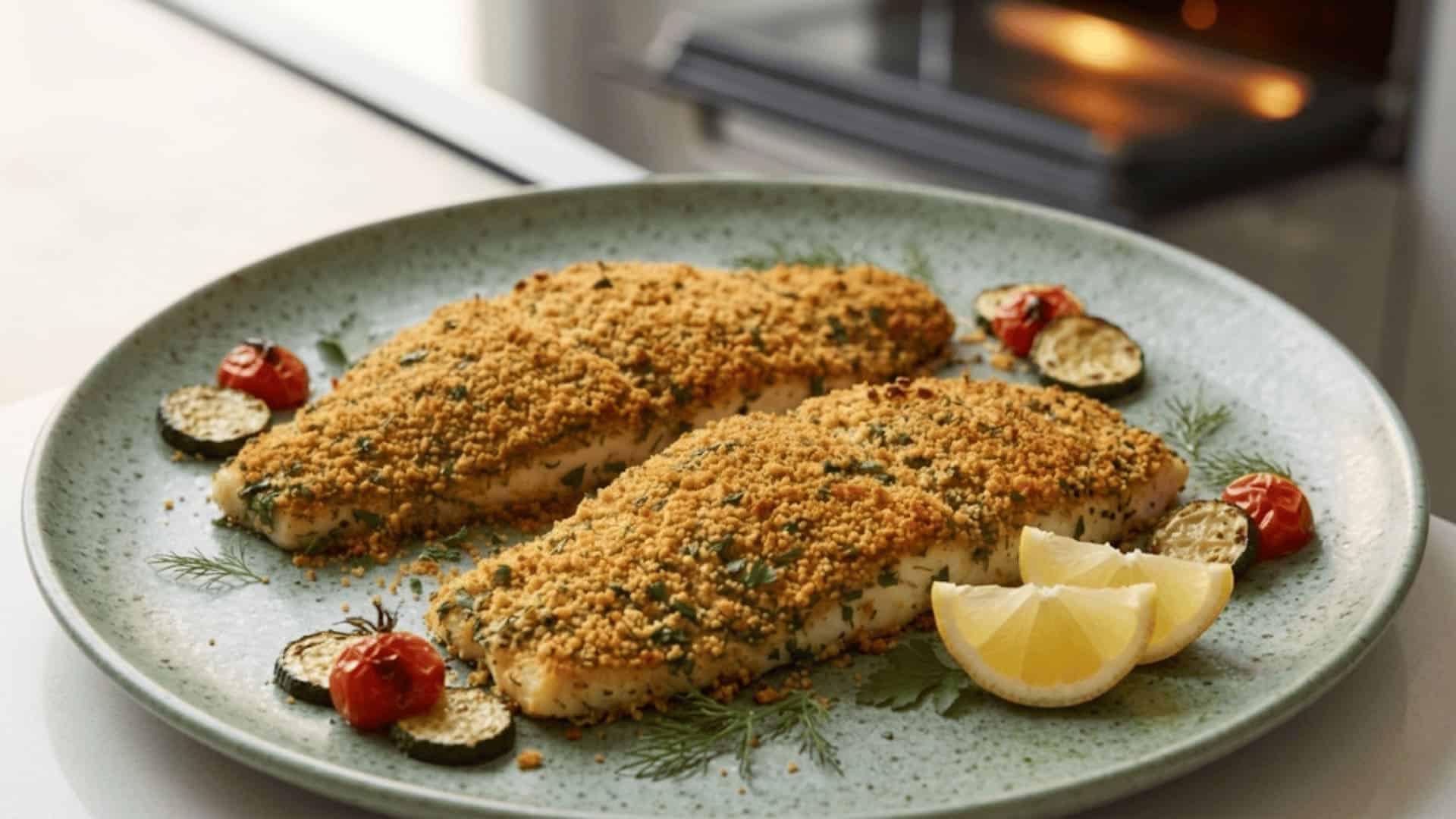 two baked halibut fillets with herb crust served with roasted vegetables and lemon wedges on a green plate