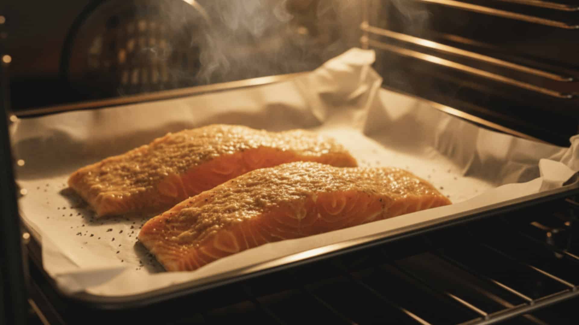 two glazed salmon fillets baking in the oven on parchment paper with steam rising and a golden caramelized crust