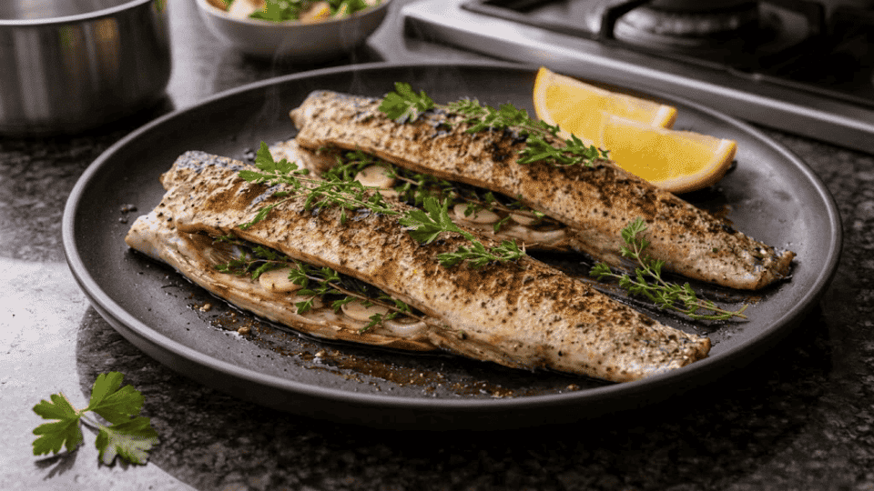 two grilled whole trout with garlic, fresh parsley, and thyme served on a dark plate with lemon wedges