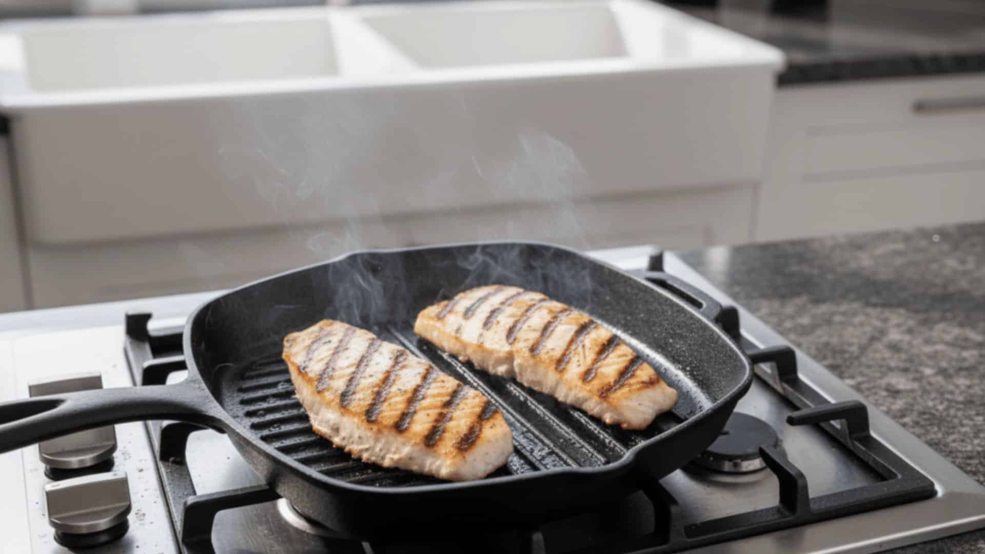 two mahi mahi fillets with grill marks sizzling on a cast iron grill pan over a gas stove in a modern kitchen