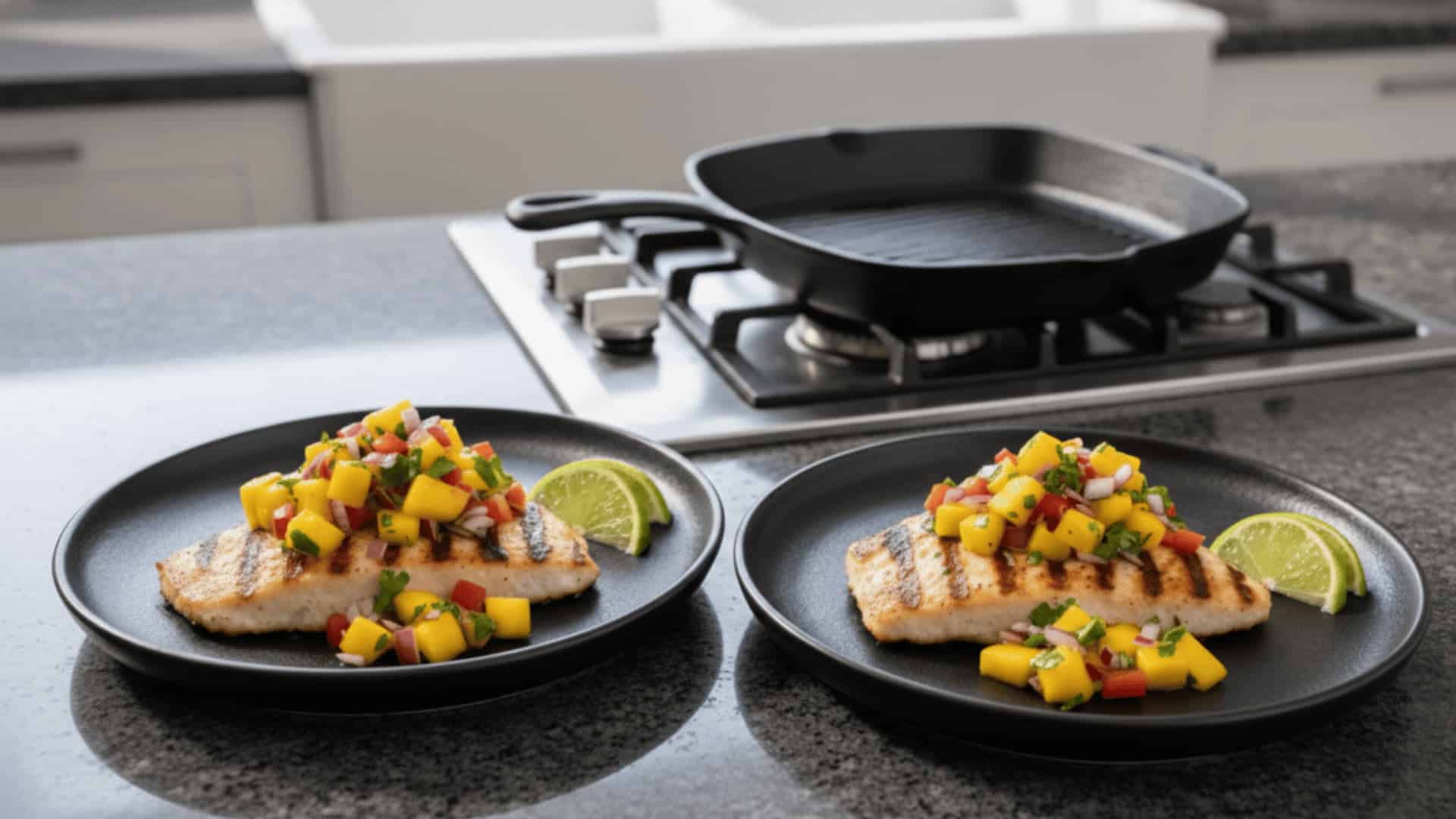 two plates of grilled mahi mahi topped with fresh mango salsa and lime wedges on a granite counter near a grill pan