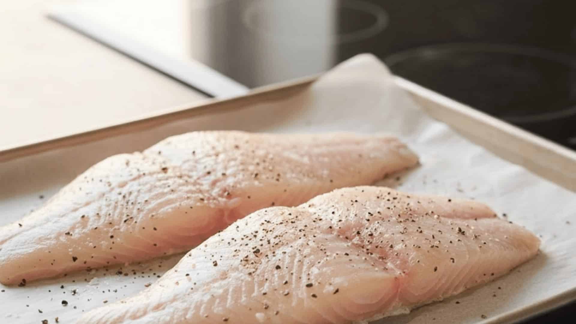 two raw halibut fillets seasoned with salt and pepper on a parchment-lined baking sheet ready to bake