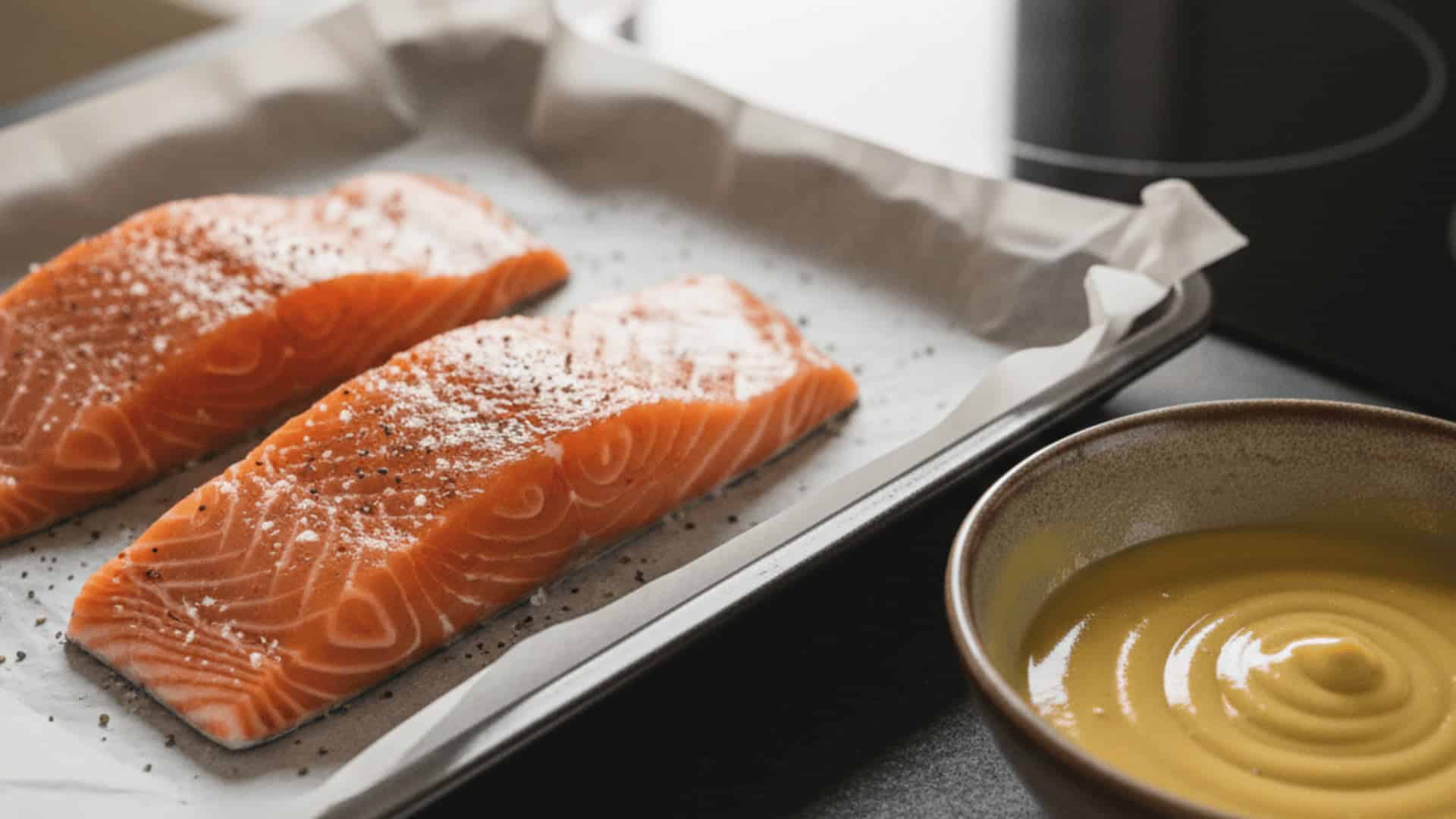 two raw salmon fillets seasoned with salt and pepper on a parchment lined baking sheet beside honey mustard glaze