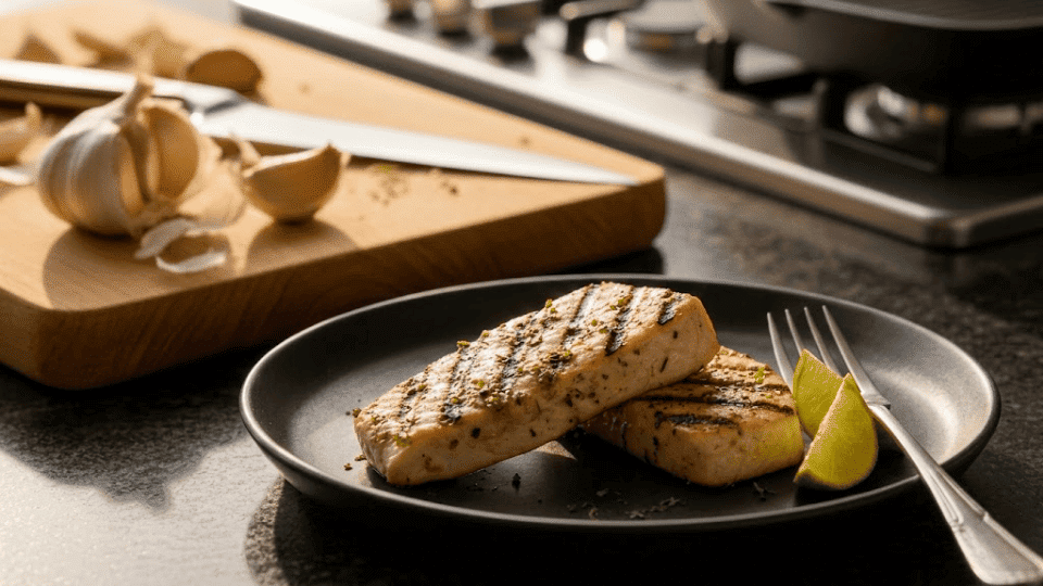 two swordfish steaks grilling on a cast iron pan over a blue gas flame with garlic cloves and a knife on the counter