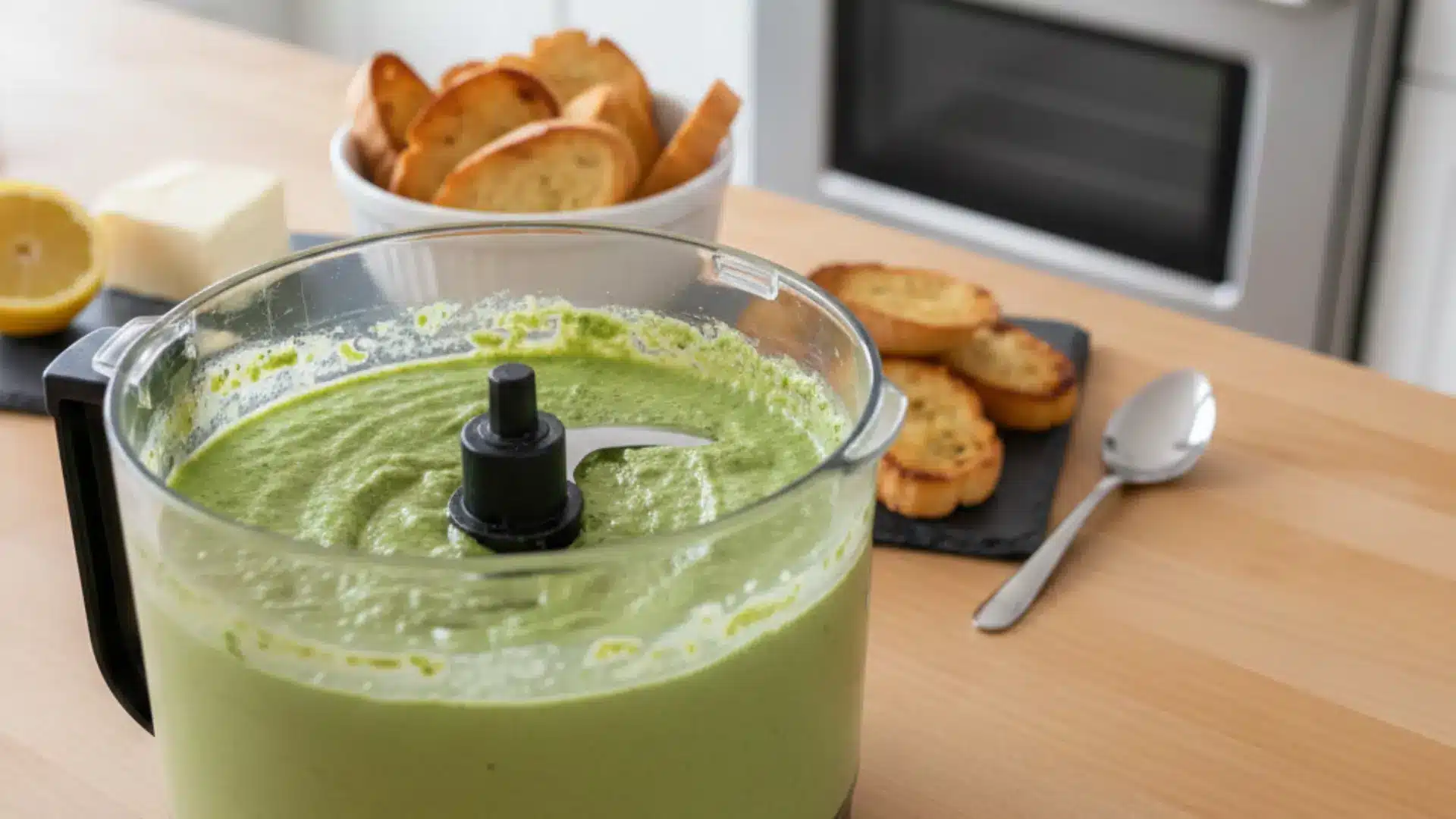vibrant green pesto and white bean spread being blended in a food processor on a wooden counter next to toasted bread