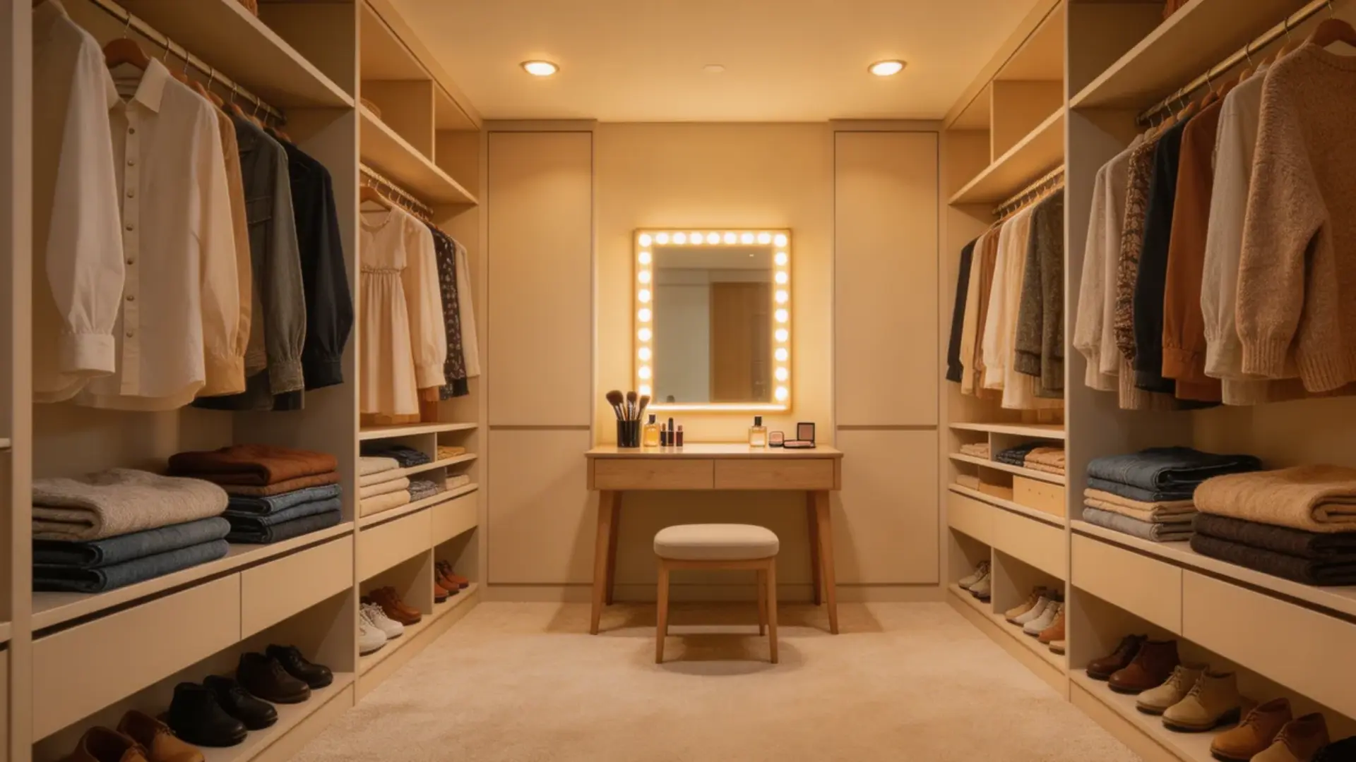 walk-in closet with a small vanity setup, mirror with lighting, compact table, organized clothes around