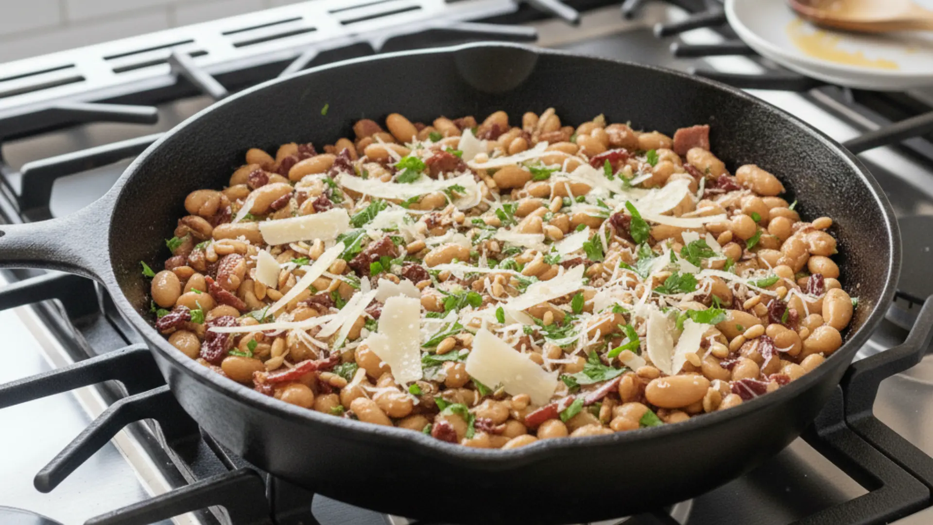 warm bean and radicchio salad topped with pine nuts, parsley, and parmesan shavings in a black cast iron skillet on a stove