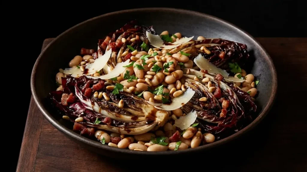 warm radicchio and cannellini bean salad with crispy pancetta, pine nuts, and parmesan in a dark bowl on a wooden surface