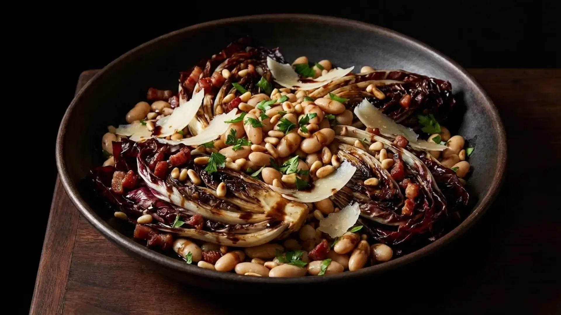 warm radicchio and cannellini bean salad with crispy pancetta, pine nuts, and parmesan in a dark bowl on a wooden surface