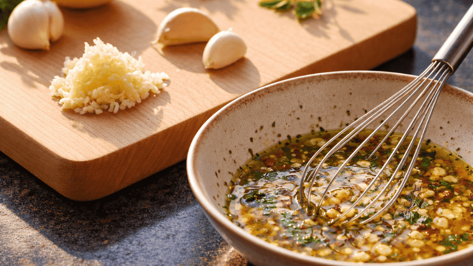 whisking lemon herb marinade with olive oil and garlic in a ceramic bowl with minced garlic on a wooden board nearby
