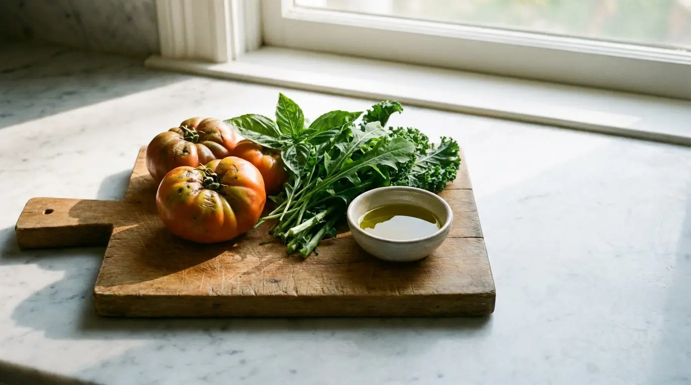 Heirloom tomatoes and fresh herbs on wooden cutting board by a sunny window