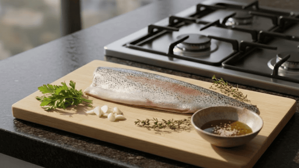 whole raw trout on wooden cutting board with garlic, parsley, thyme, and olive oil near a gas stove