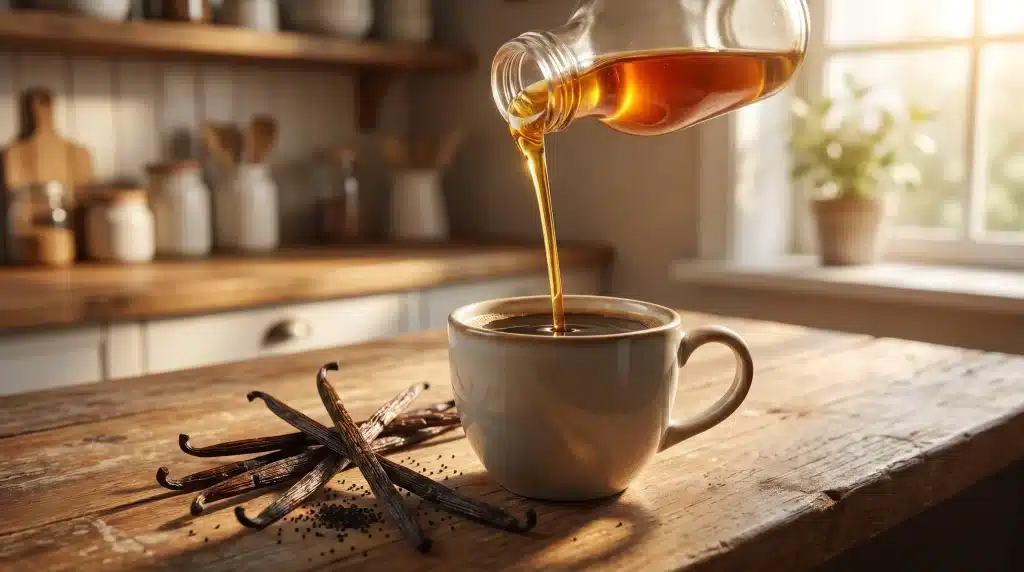 Coffee poured into mug with vanilla beans on rustic wooden table in sunlit kitchen