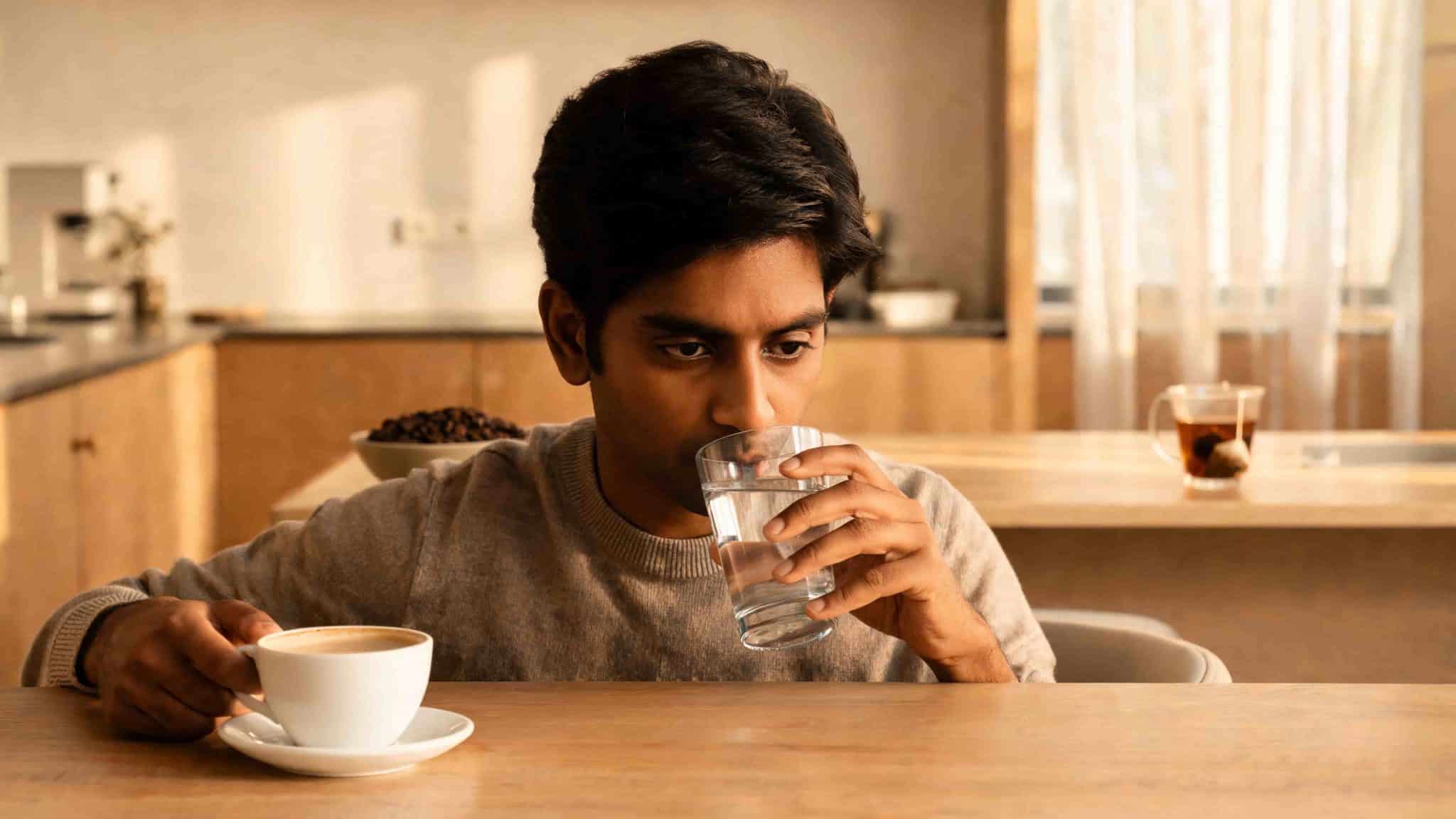 A man drinking water from a glass while a cup of coffee, herbal tea, and mint sit on a wooden table, showing a mindful beverage choice in a bright kitchen.