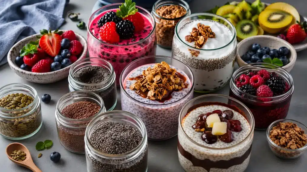 Assorted chia pudding cups with berries, granola, seeds, chocolate sauce, yogurt, and fresh fruit on a gray table