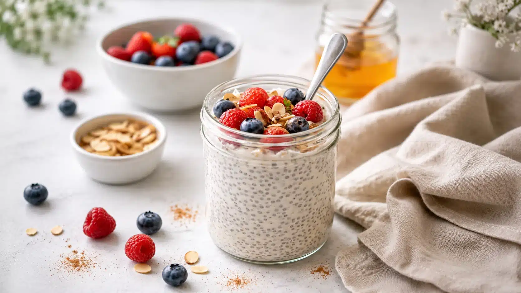 Chia pudding in a glass jar topped with strawberries, blueberries, raspberries, almonds, and a spoon