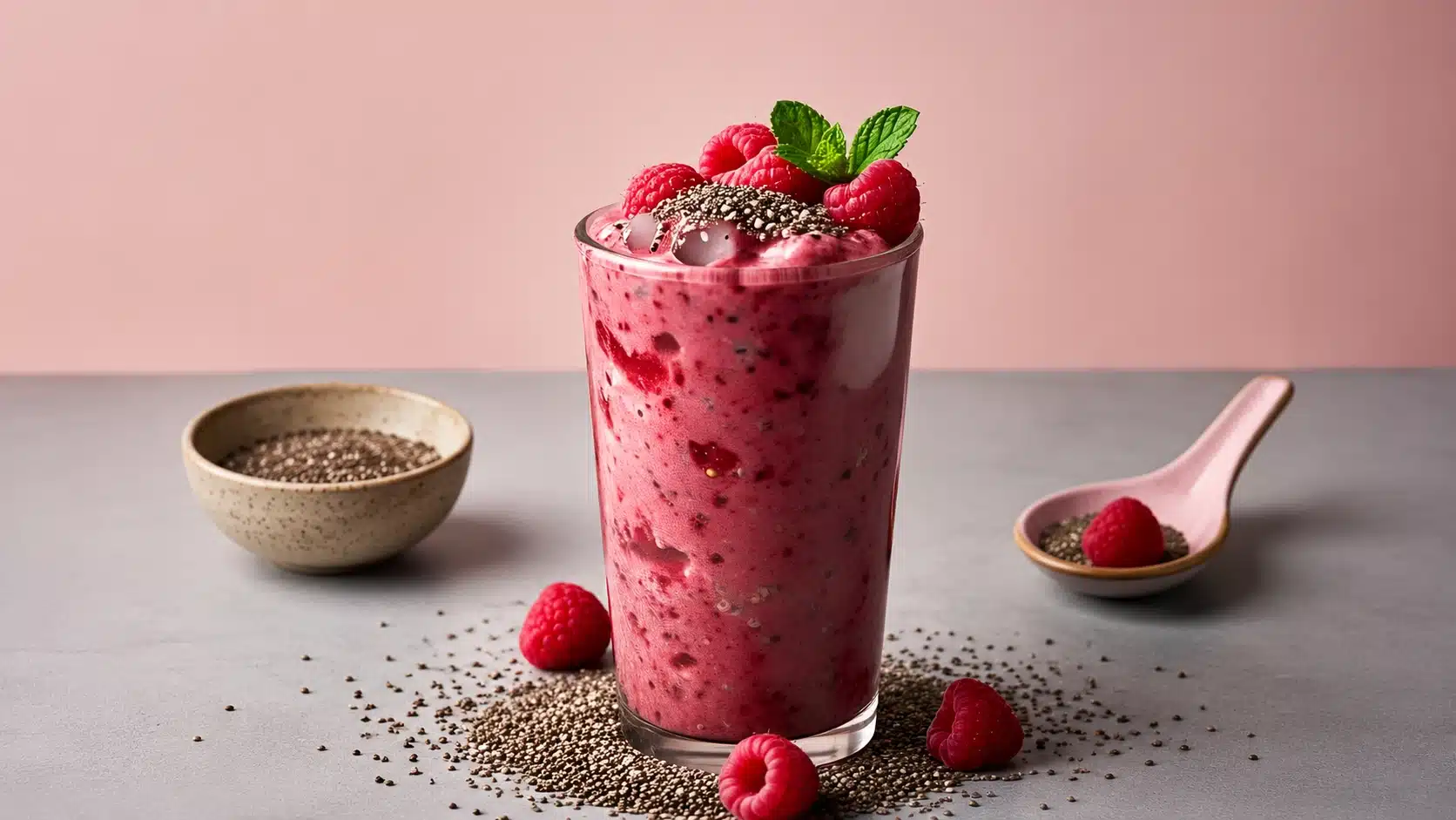 Raspberry chia seed smoothie in a glass topped with raspberries, mint, and chia seeds on a pink background
