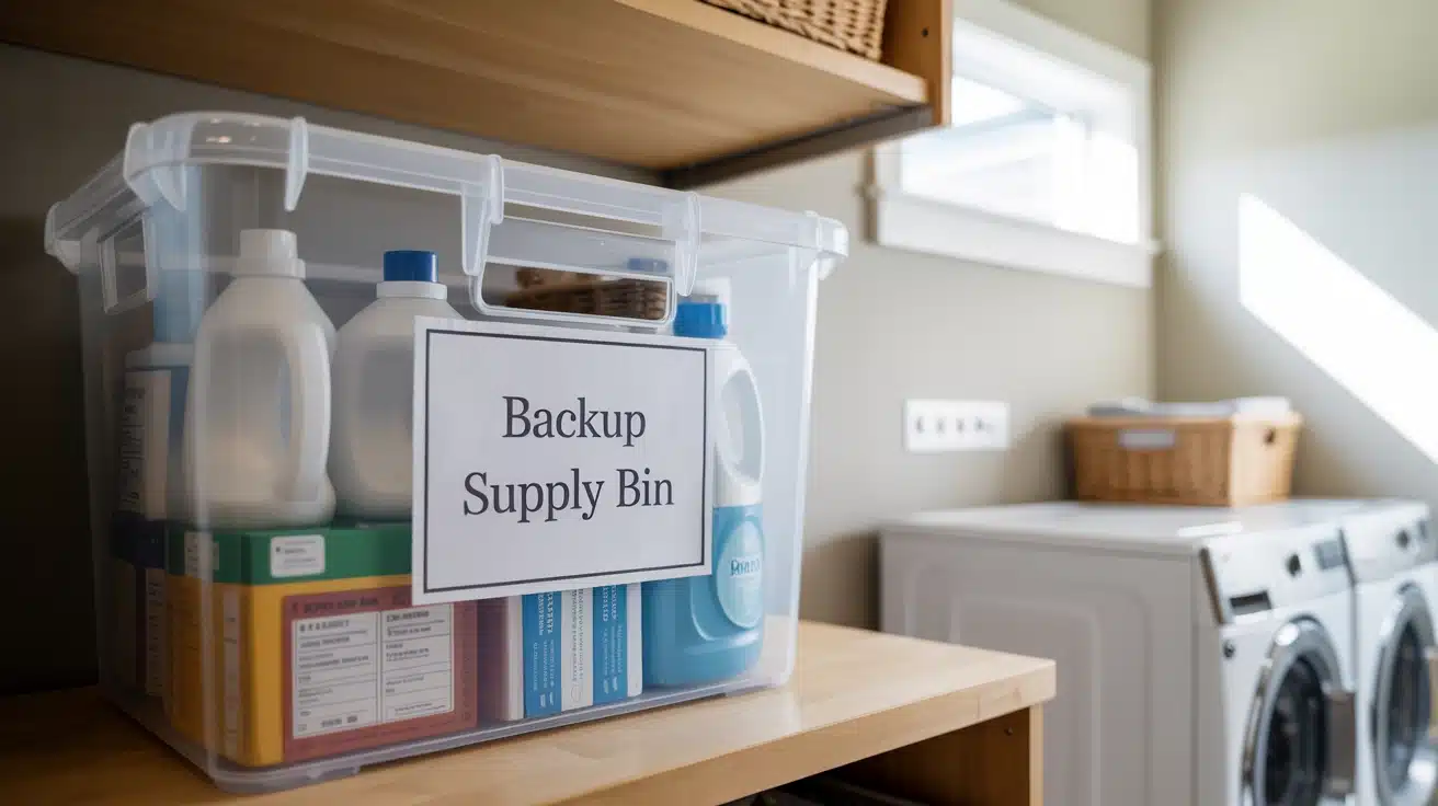 a backup supply bin in the laundry room, ensuring you never run out of essentials like detergent or dryer sheets.