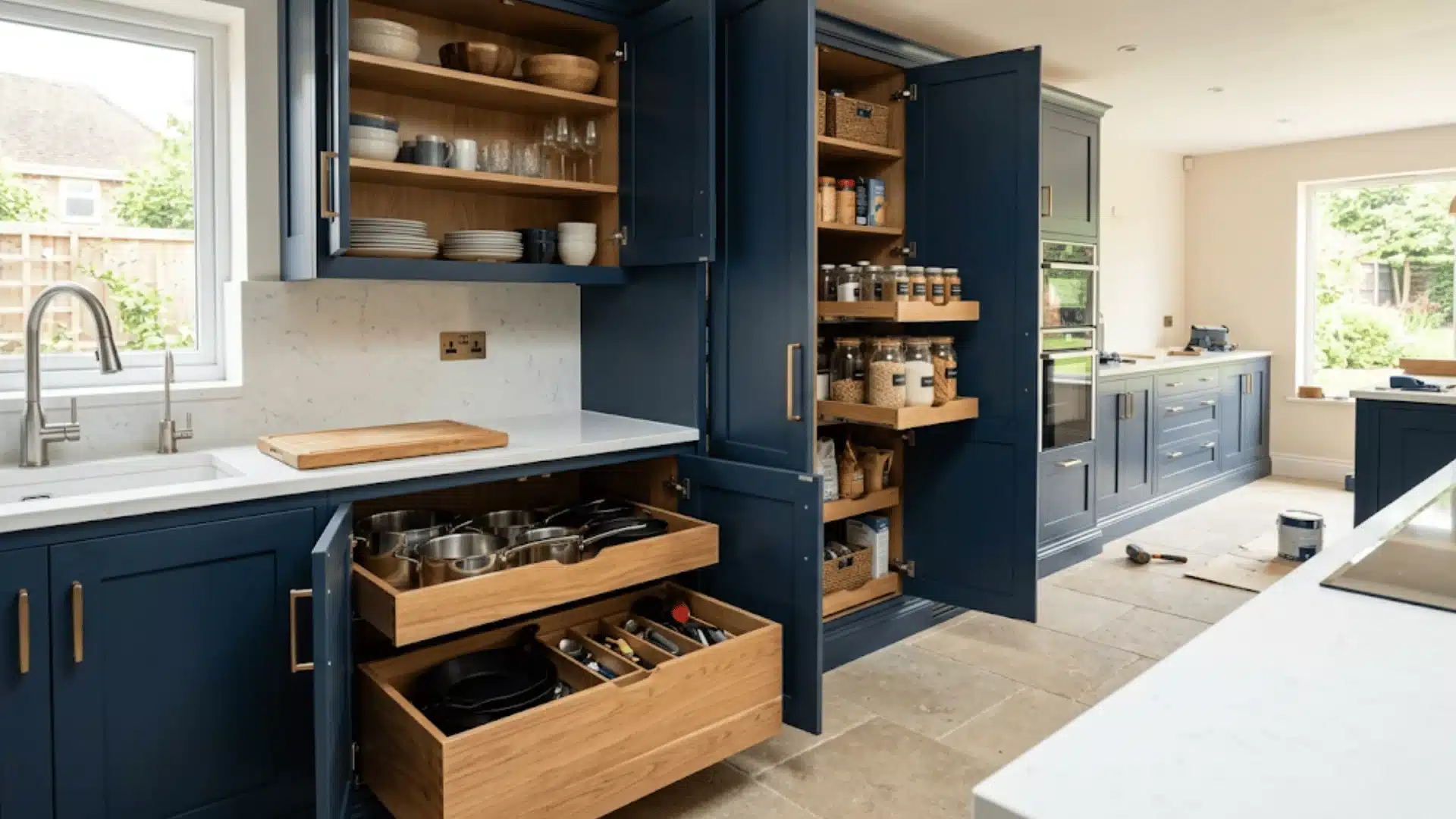 a big fat walking kitchen in blue color cabinet showing the extra storage space