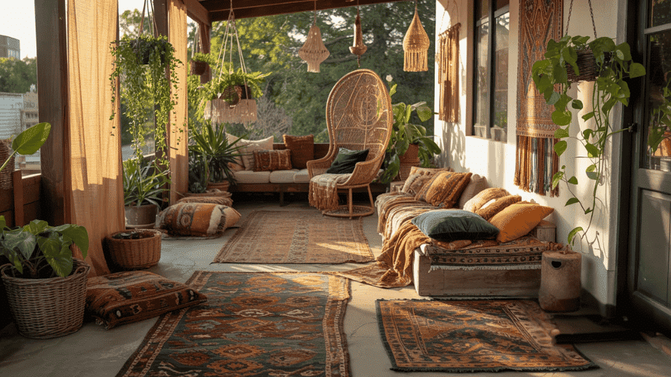 a boho front porch with rattan seating macrame wall hanging mismatched cushions layered rugs and trailing hanging plants