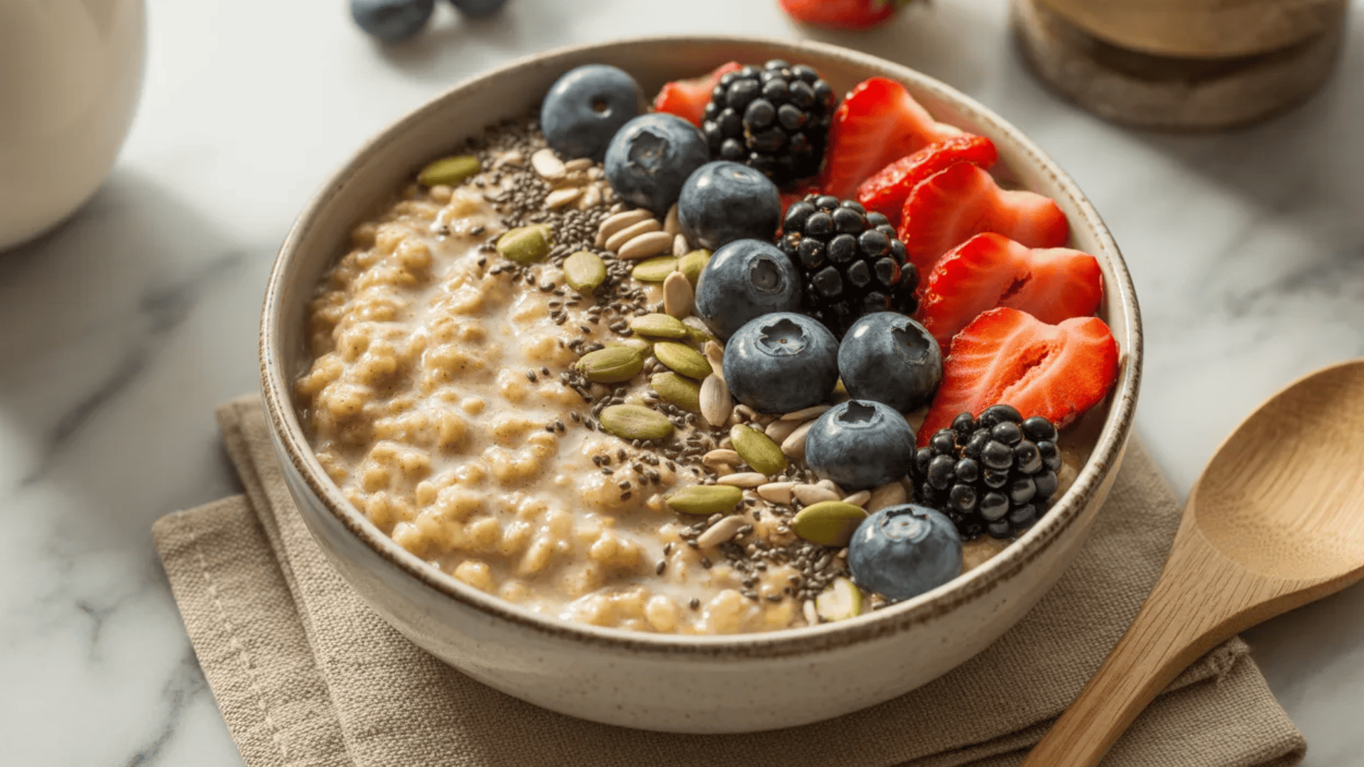 a bowl of oatmeal topped with fresh berries, seeds, and nuts, served on a neutral cloth with a wooden spoon.