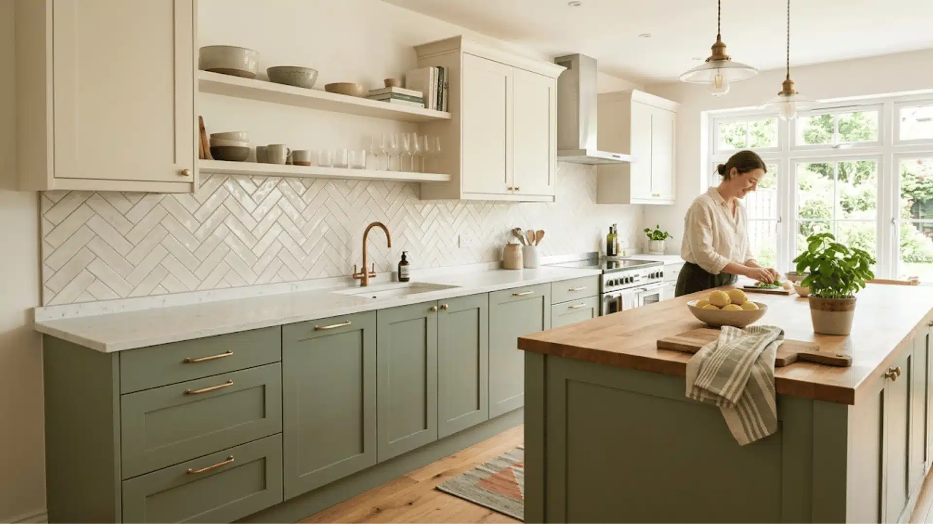 a bright day and a fresh looking kitchen in grey green color while a woman is working in the kitchen