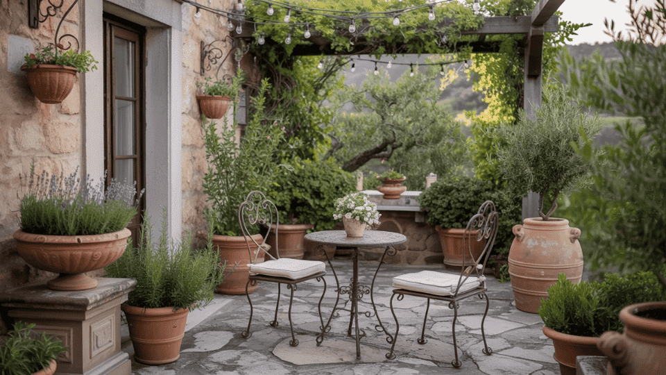 a charming small patio with terracotta pots wrought iron bistro set string lights and lush greenery on stone paving