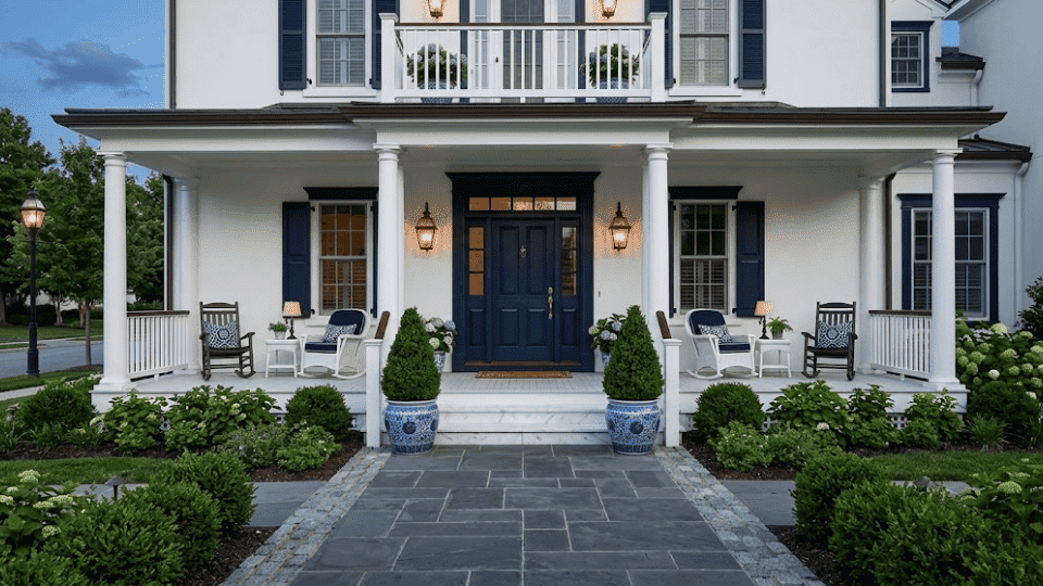 a classic front porch with paired rocking chairs navy cushions symmetrical topiaries and wall mounted lanterns by front door