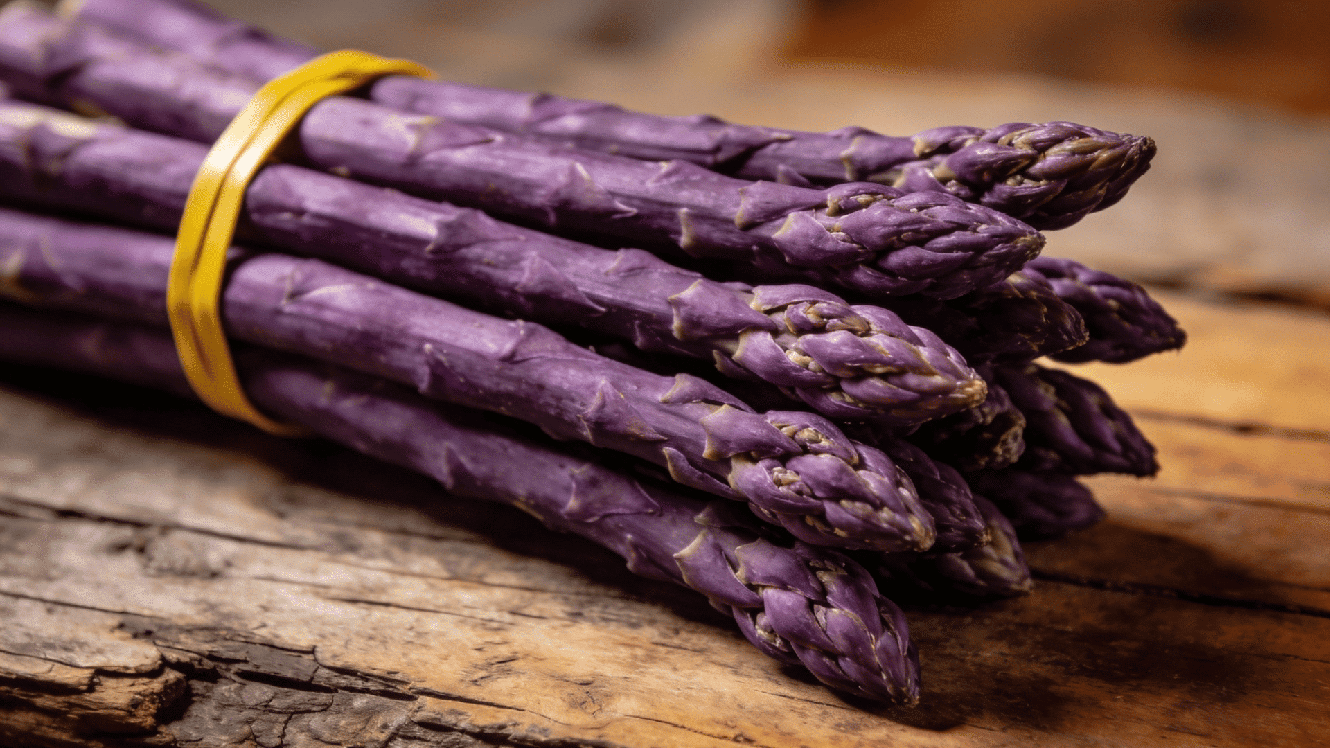 A close-up, eye-level shot shows a bunch of vibrant purple asparagus spears tied together with a yellow rubber band.