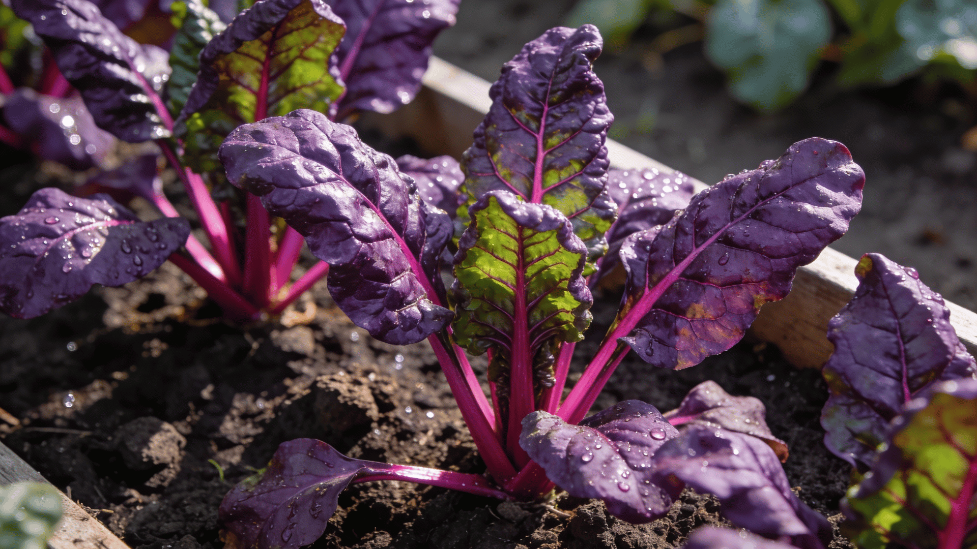 A close-up, high-angle shot captures a vibrant garden bed filled with lush, leafy vegetables. Purple Chard