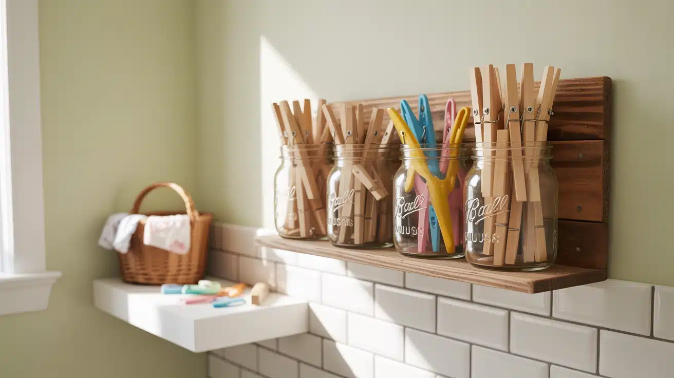 a clothes pin station in the laundry room, keeping pins organized and easily accessible for hang-drying clothes.